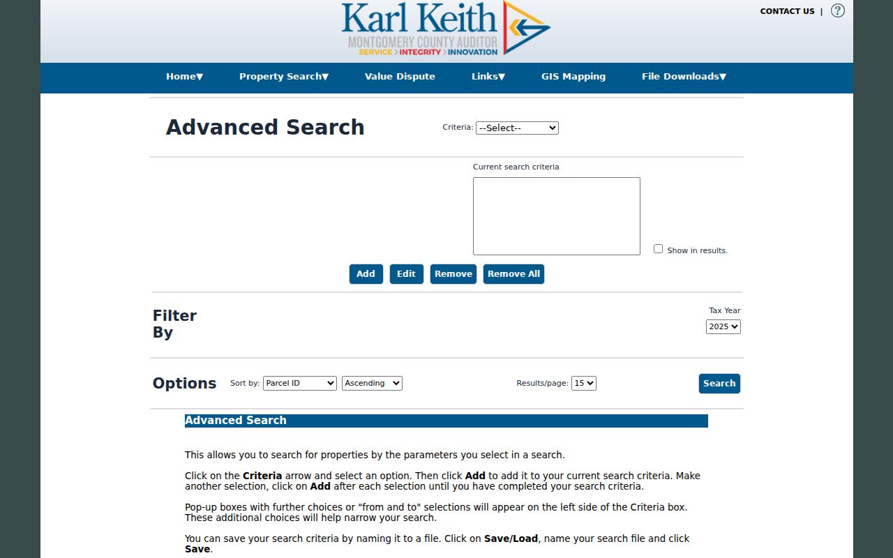 Montgomery County street directory advanced property search controls